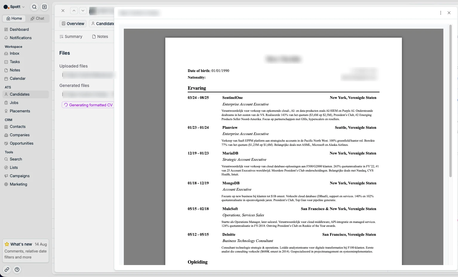 The Files subtab with a generated CV open in the document preview