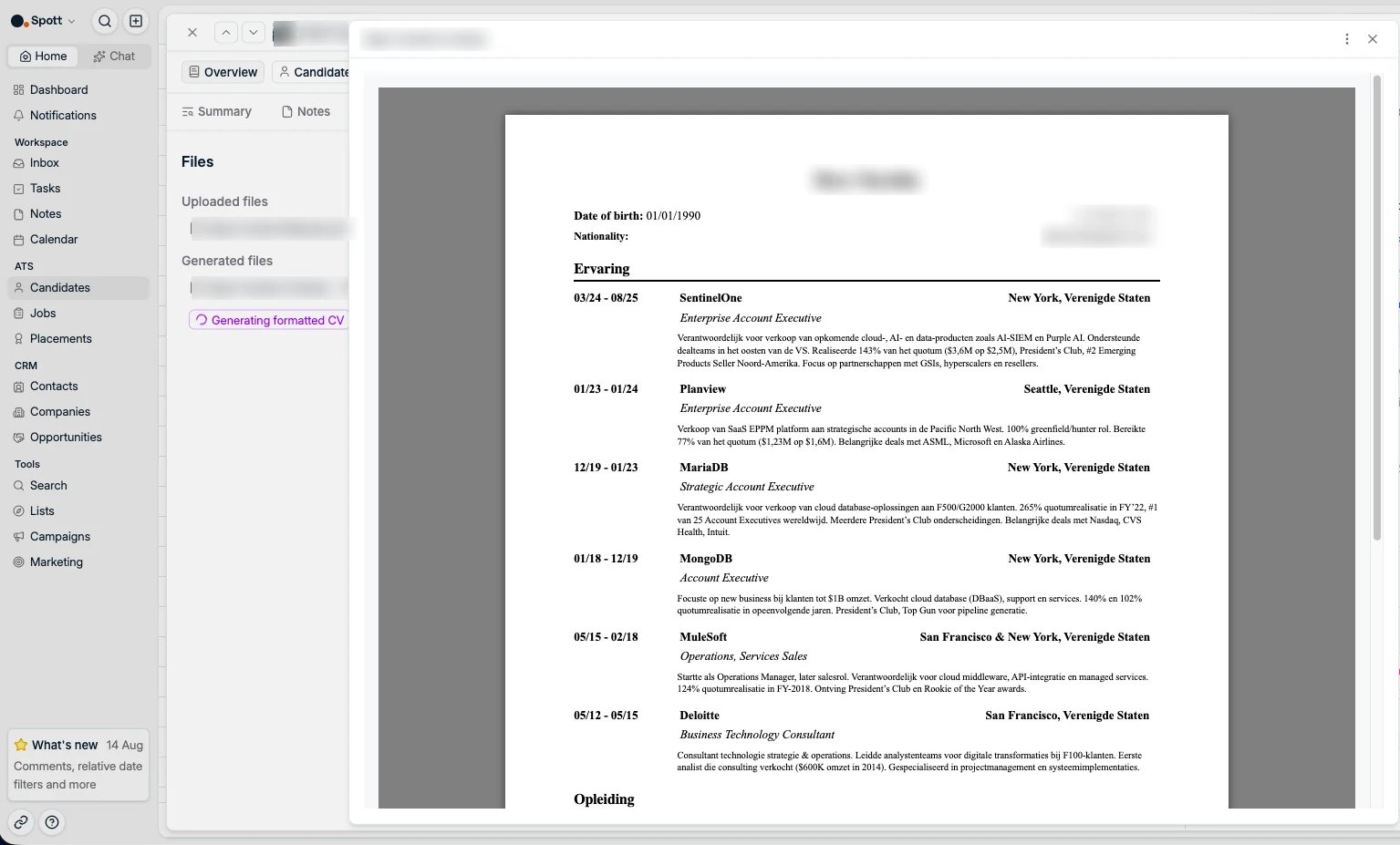 The Files subtab with a generated CV open in the document preview