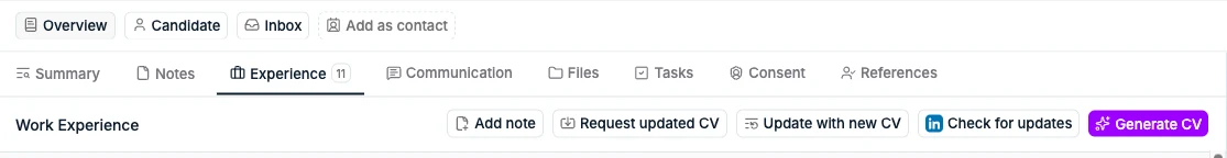 The Generate CV button in the Experience subtab header