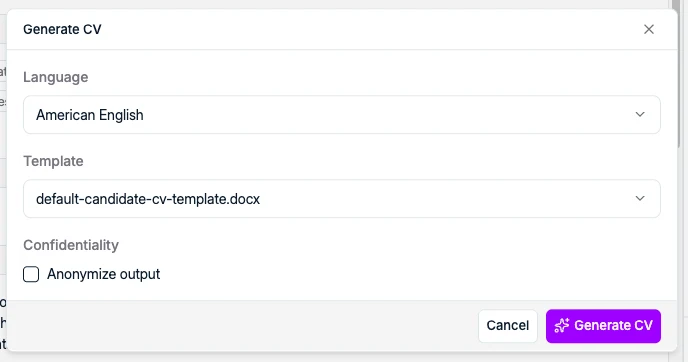 The Generate CV dialog with language, template, and anonymize output