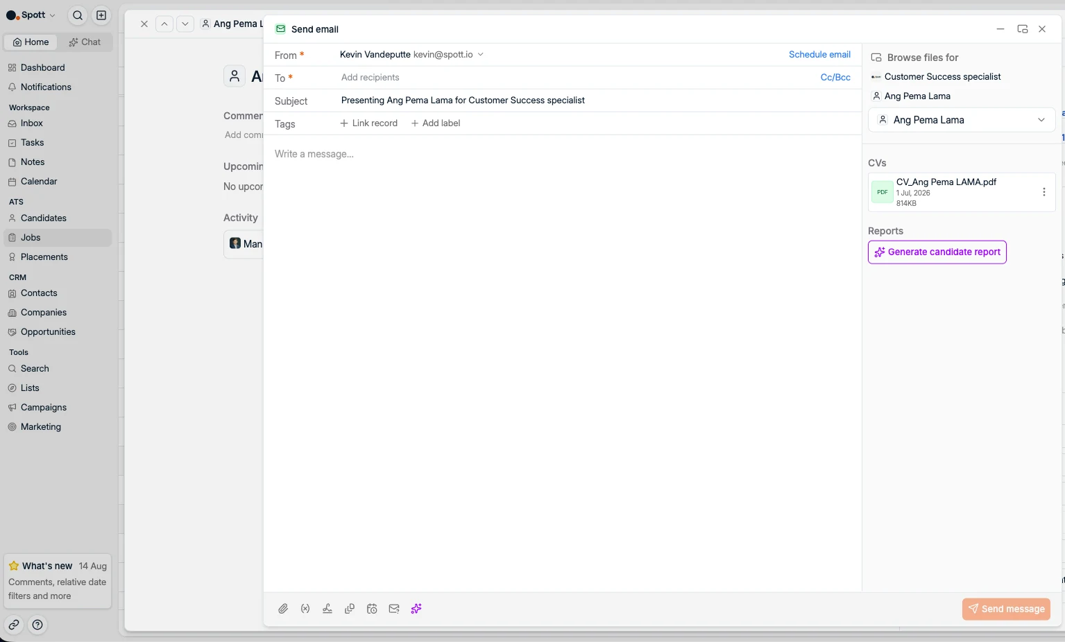 The Present dialog with the CVs and Reports sections in the attachments panel