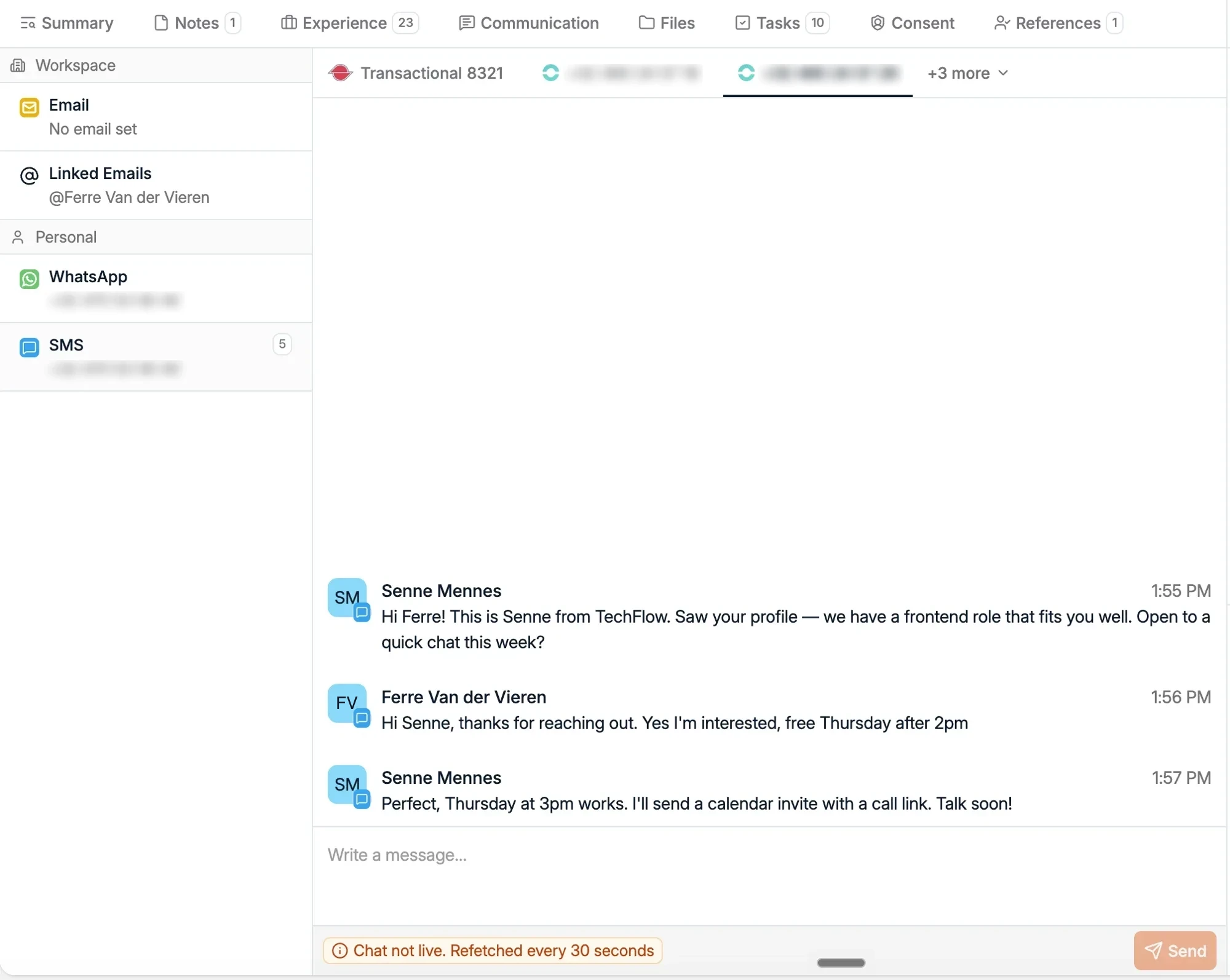The Communication subtab with the channel list and an open SMS thread