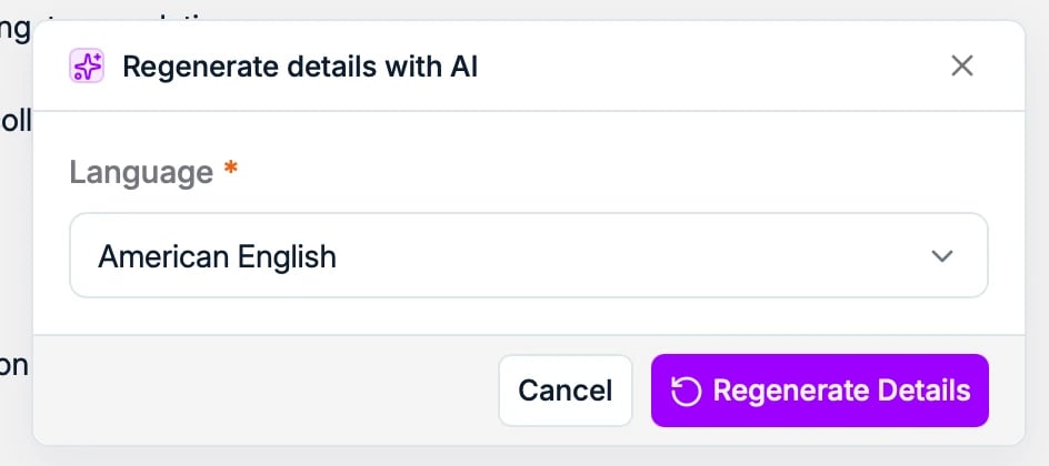 The Regenerate Details dialog with language selection
