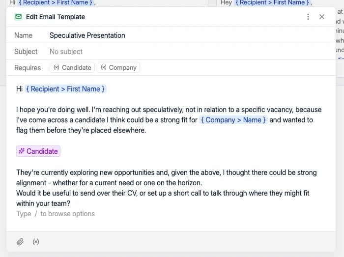 The template editor with a variable dropdown