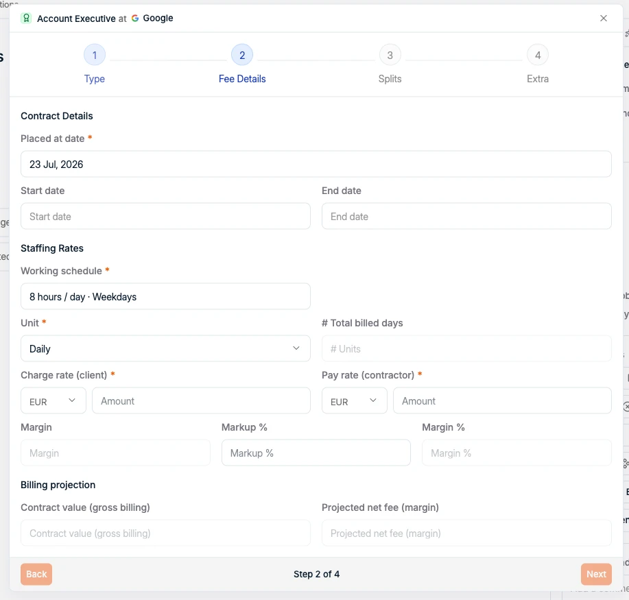 The Staffing fee-details step with rates and billing projection