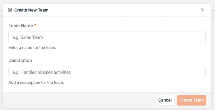The Create New Team dialog
