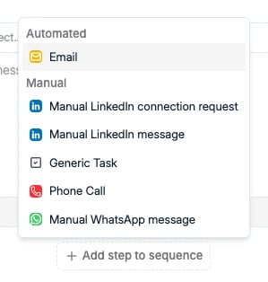 The Add step to sequence menu with automated and manual step types
