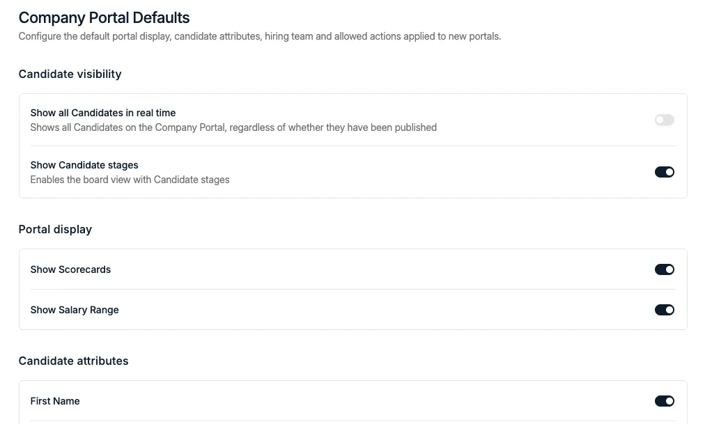 Company Portal Defaults, avec les options de visibilité des candidats et d'affichage appliquées aux nouveaux portails
