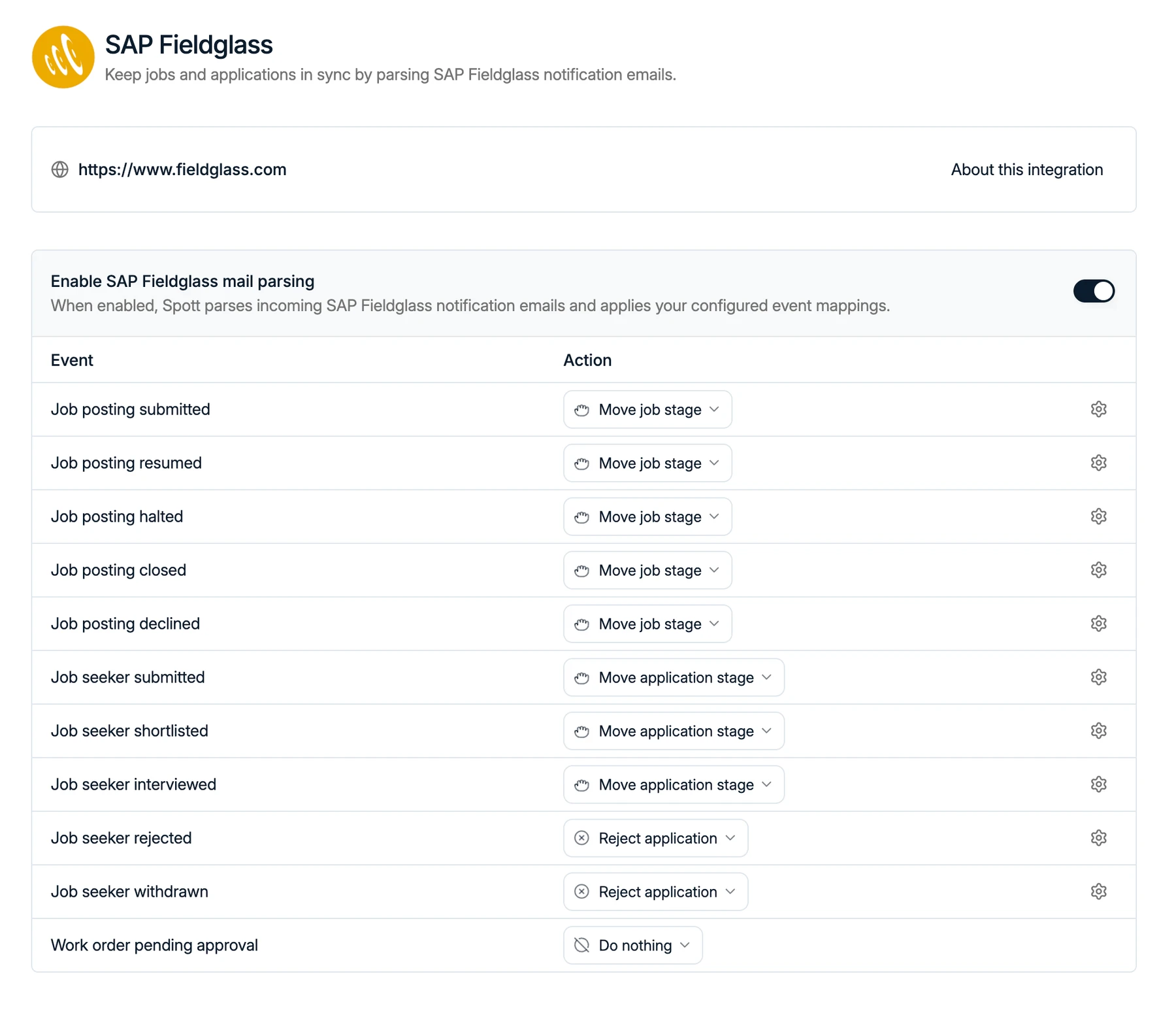 De instellingenpagina van SAP Fieldglass met mail parsing aan