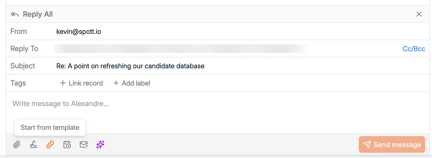 De e-maileditor van de Inbox met de werkbalk