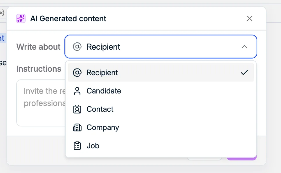Les options Write about dans la fenêtre AI Generated content