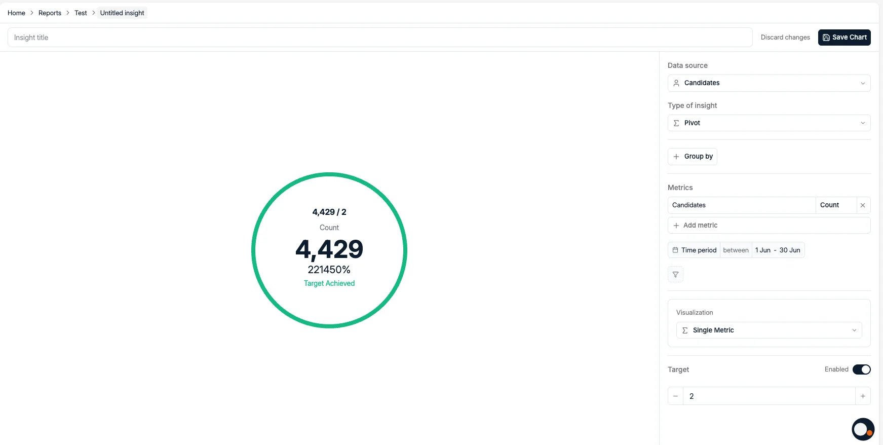 The insight editor with a live preview, configuration panel, and target
