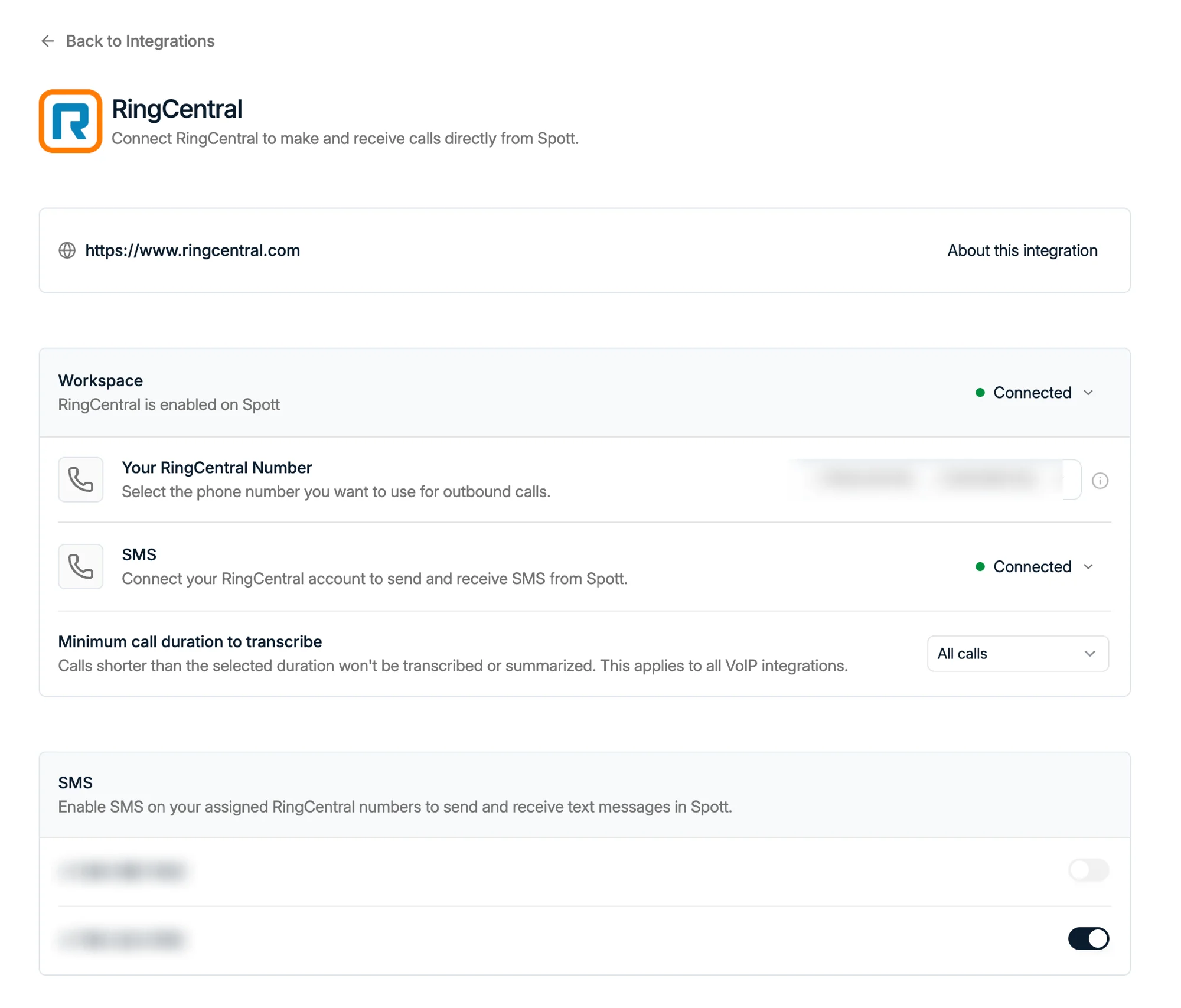 The RingCentral integration page, with the per-user SMS connection above the number toggles