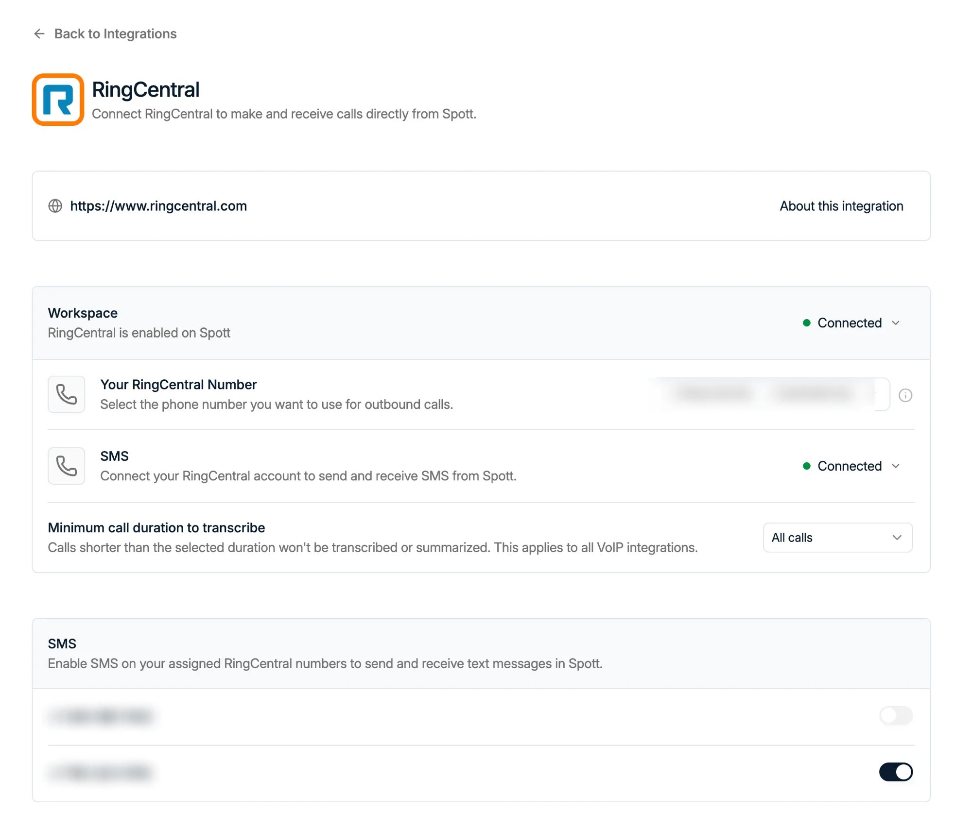 The RingCentral integration page, with the per-user SMS connection above the number toggles