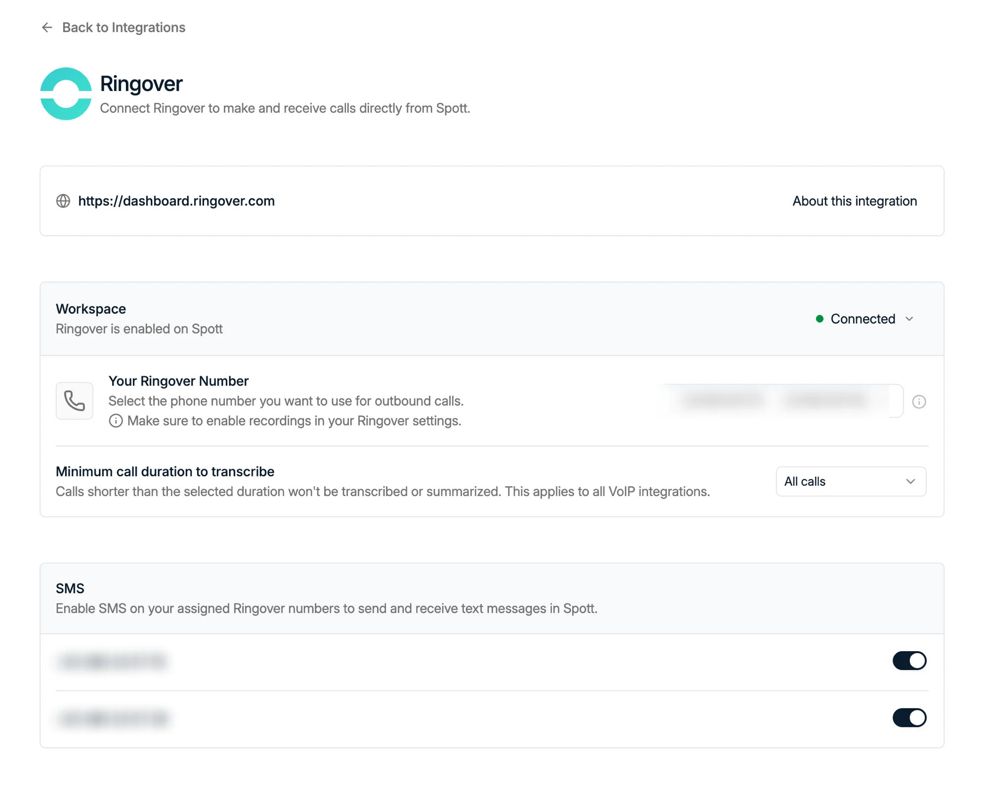 The SMS block on the Ringover integration page, with a toggle per assigned number