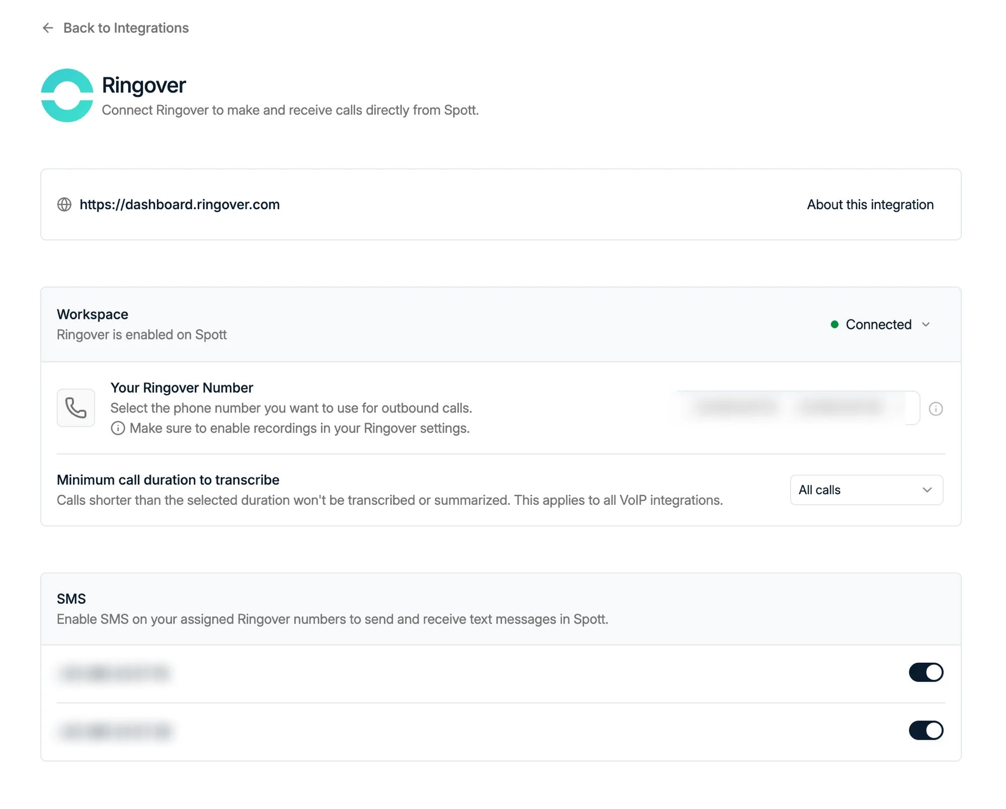 The SMS block on the Ringover integration page, with a toggle per assigned number