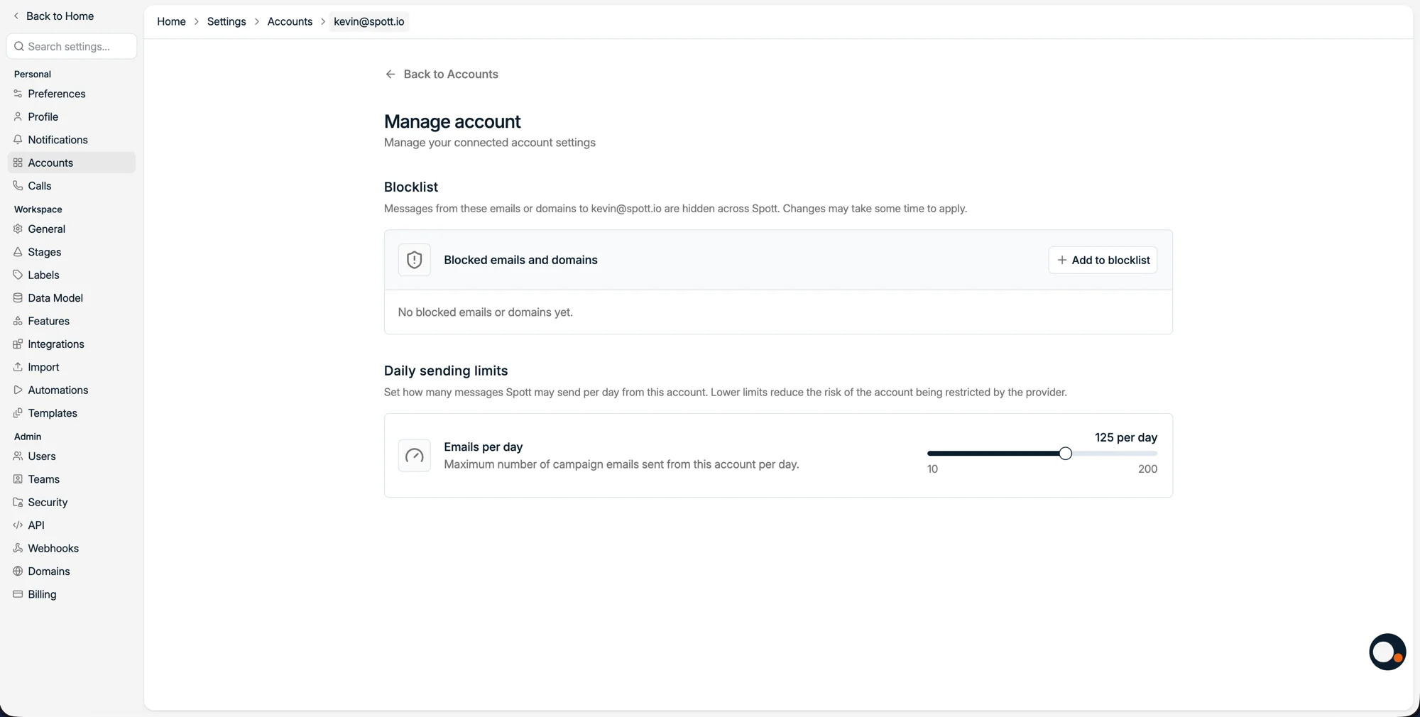 La page Manage account avec la liste de blocage et la limite d'envoi quotidienne