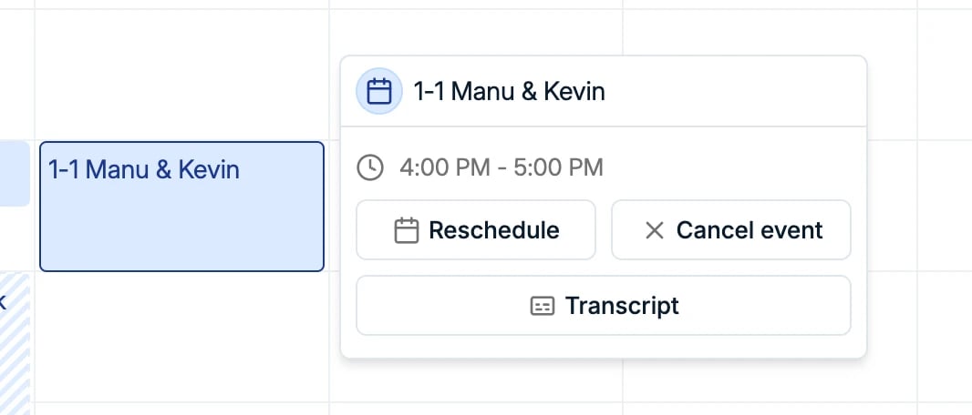 An event popover with Reschedule, Cancel event, and Transcript
