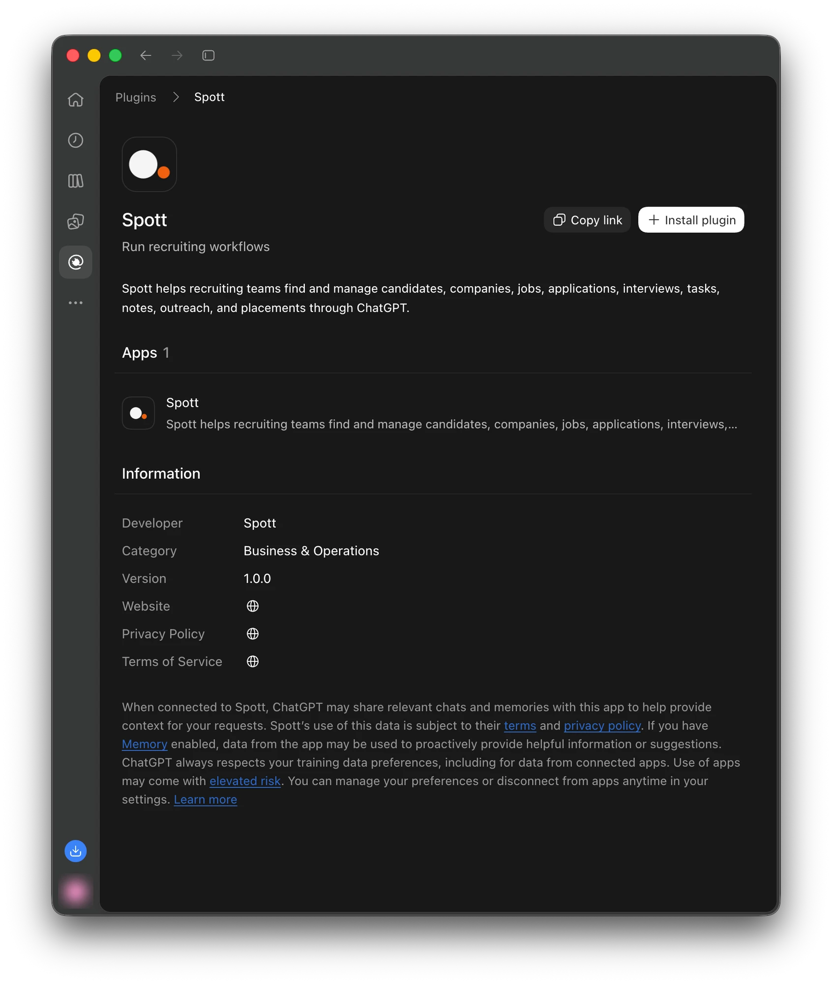 The Spott listing in ChatGPT's plugin directory, with the Install plugin button