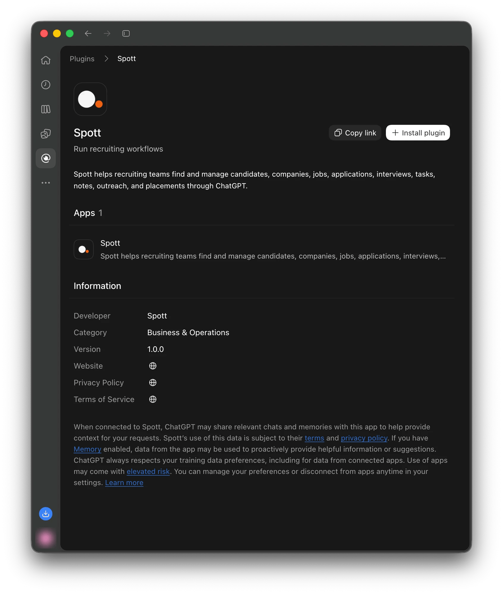 The Spott listing in ChatGPT's plugin directory, with the Install plugin button