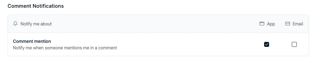 The Comment Notifications section with the Comment mention row