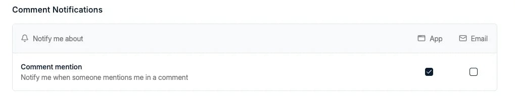The Comment Notifications section with the Comment mention row