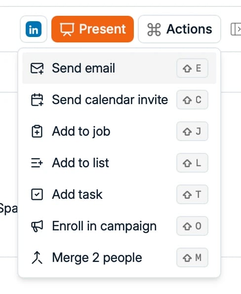 The Actions menu on a candidate profile
