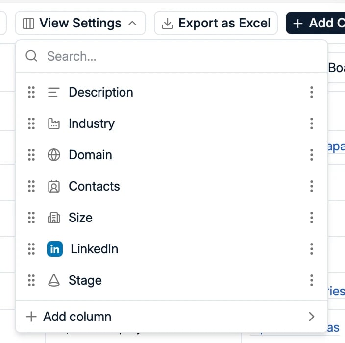 View Settings with the column list