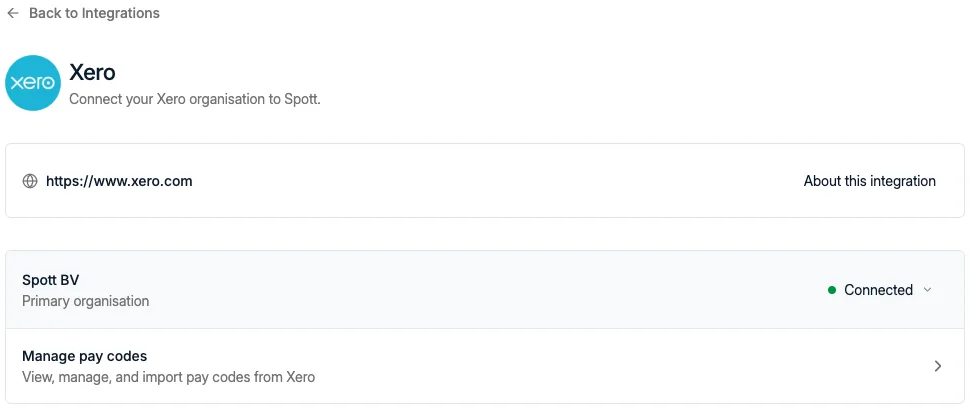 The Xero integration page showing a connected organization and Manage pay codes