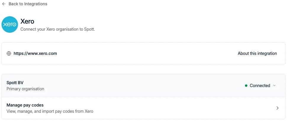 The Xero integration page showing a connected organization and Manage pay codes