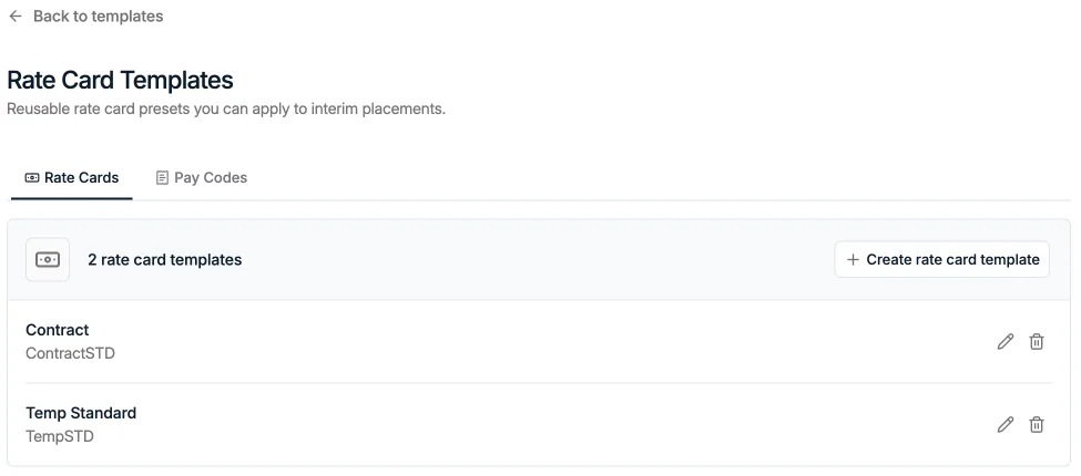 Rate Card Templates en la configuración, con las pestañas Rate Cards y Pay Codes