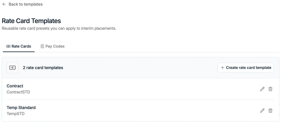 Rate Card Templates in den Einstellungen, mit den Tabs Rate Cards und Pay Codes
