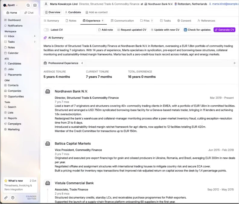 A candidate created from an attached CV, with the work experience filled in