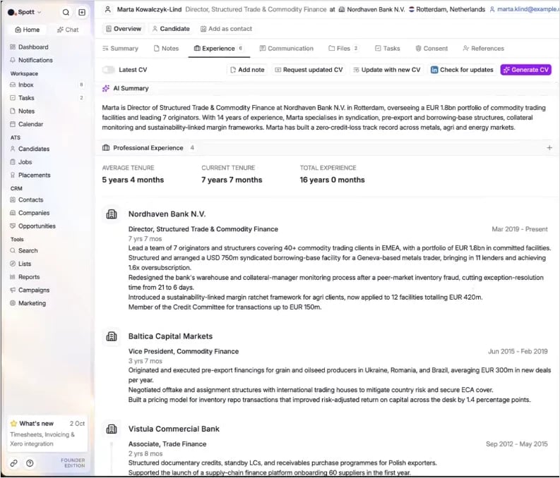A candidate created from an attached CV, with the work experience filled in