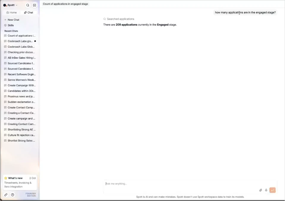 The chatbot counting the applications in the Engaged stage