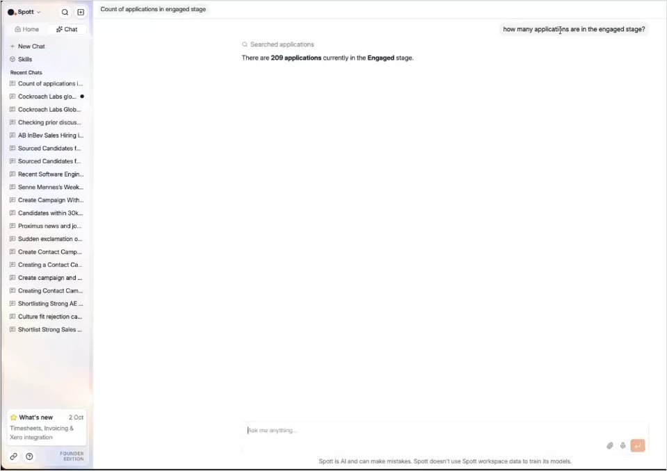 The chatbot counting the applications in the Engaged stage