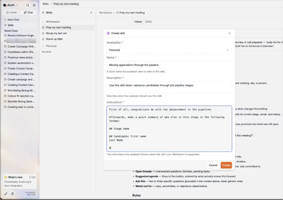The Create skill dialog with availability, name, description and instructions