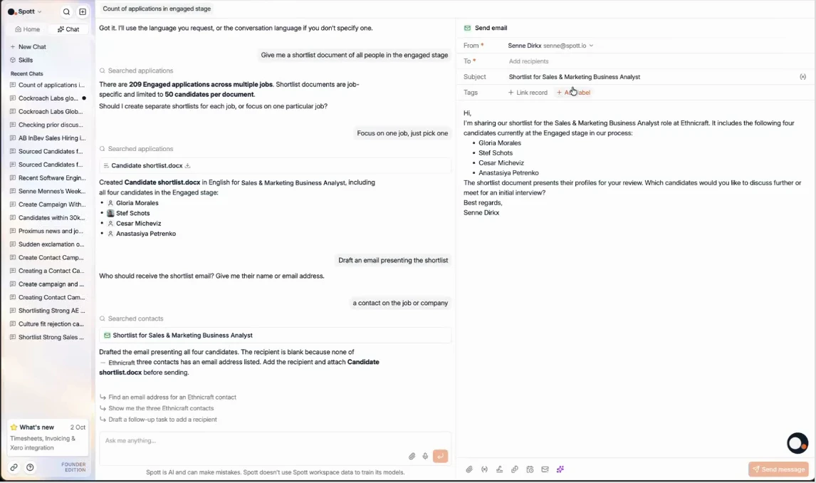 An email draft presenting the shortlist, opened next to the chat