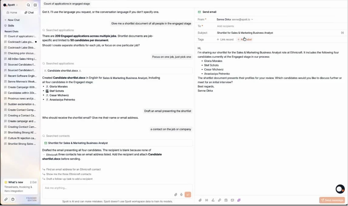 An email draft presenting the shortlist, opened next to the chat
