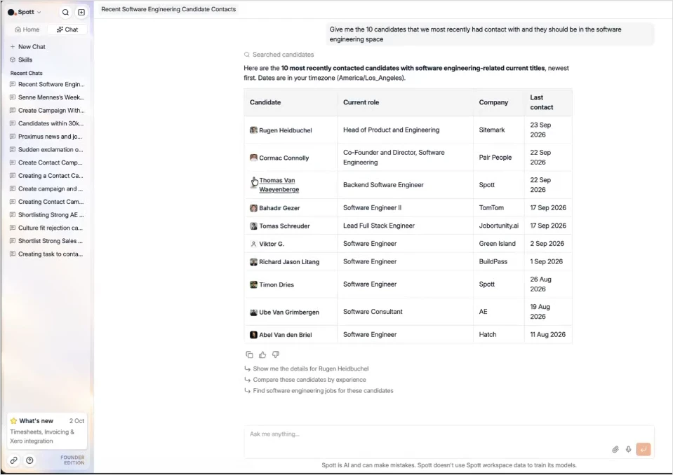 The chatbot answering with a table of the ten most recently contacted software engineering candidates