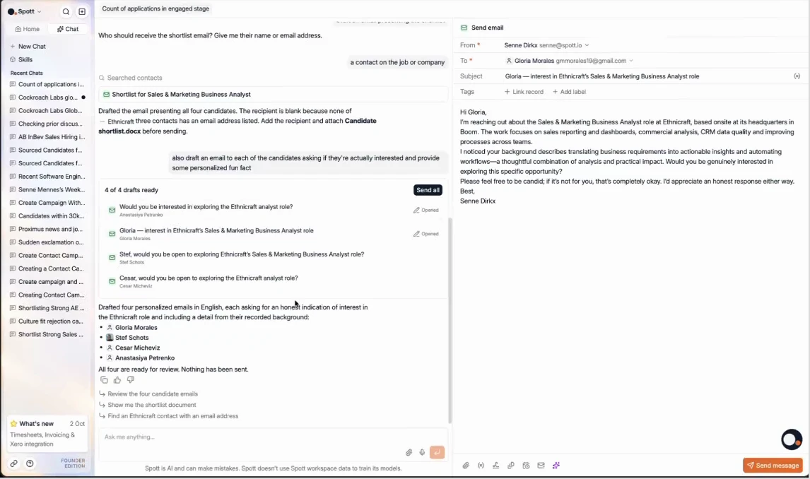 Four personalized email drafts, one per candidate