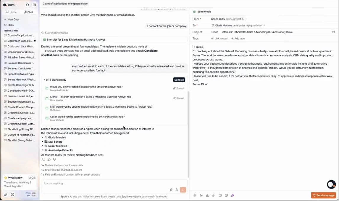 Four personalized email drafts, one per candidate