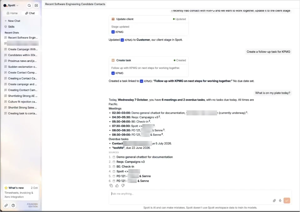 Today's meetings and overdue tasks, with the calendar events listed as sources