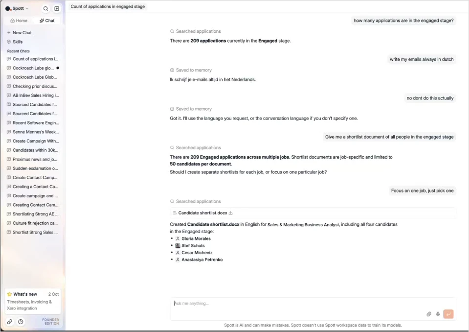 A shortlist document generated for the candidates in the Engaged stage