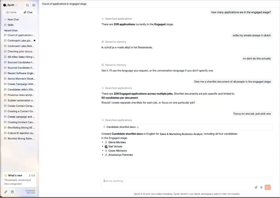 A shortlist document generated for the candidates in the Engaged stage