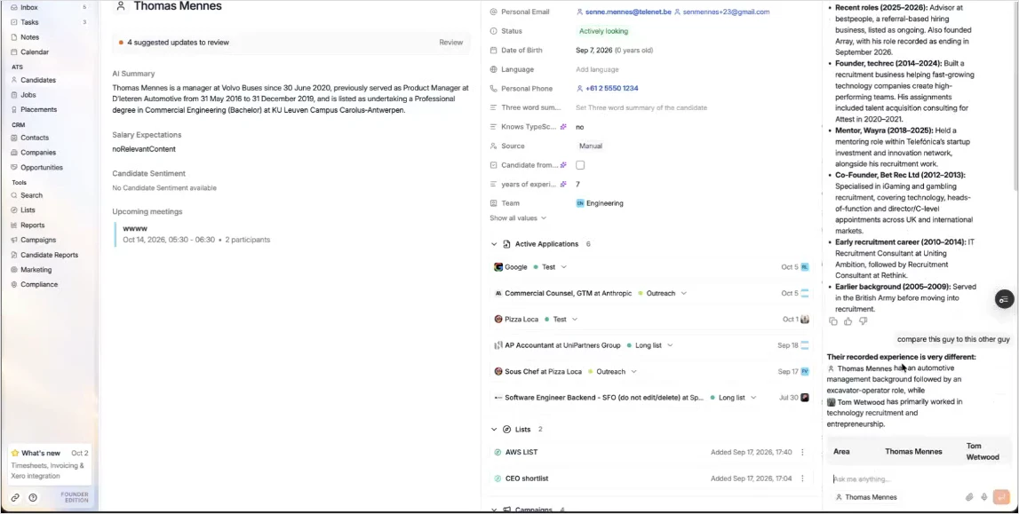 Ask AI comparing the open candidate with another candidate in a table