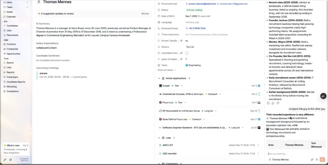 Ask AI comparing the open candidate with another candidate in a table