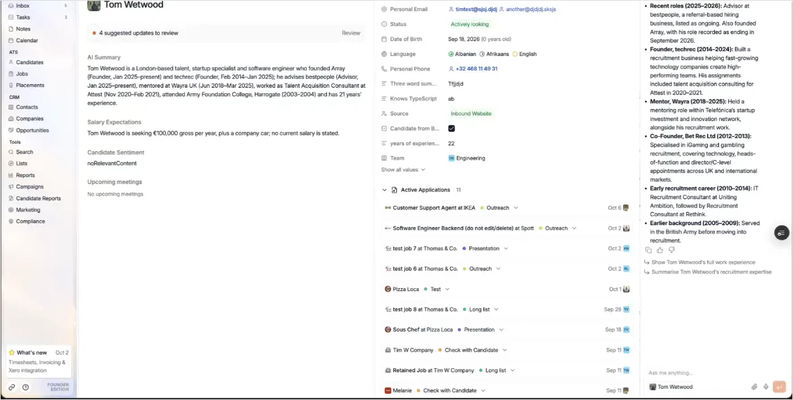Ask AI in the side panel of a candidate profile, recapping the candidate's experience