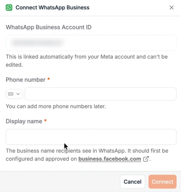 Het venster Connect WhatsApp Business in Spott, met de account-ID, het telefoonnummer en de weergavenaam