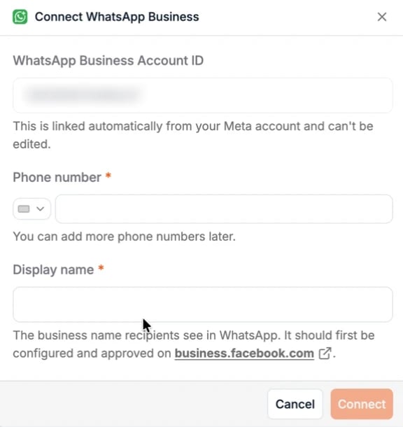 Het venster Connect WhatsApp Business in Spott, met de account-ID, het telefoonnummer en de weergavenaam